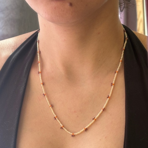 Jewelry - Handmade Delicate Cream Beaded Necklace with Orange Accent